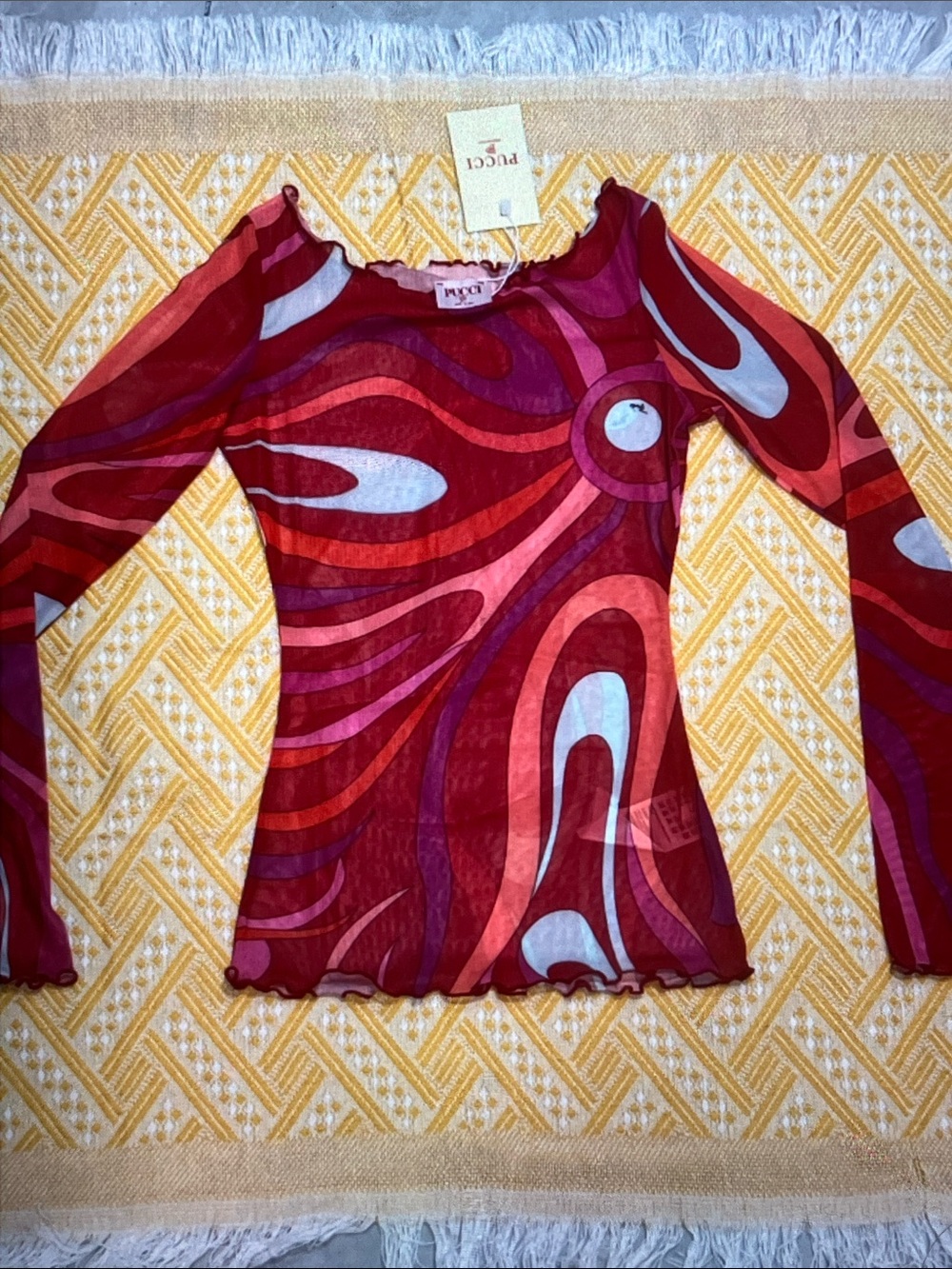 Emilio Pucci Red Pink and Light Blue Sheer Wave-Print Long Sleeve Top